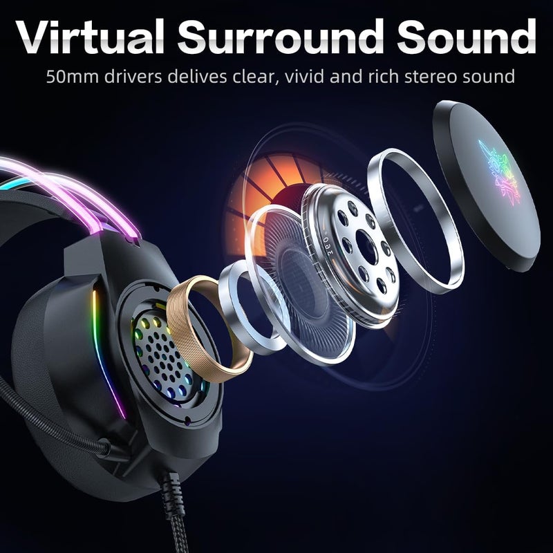 ONITOON Gaming Headset with Microphone, Deer Ears Headphones for PC Laptop PS4 PS5 Xbox Switch, Rainbow RGB Lighting & Virtual Surround Sound, 3.5mm Over Ear Headphones, Ergonomic - Image 4